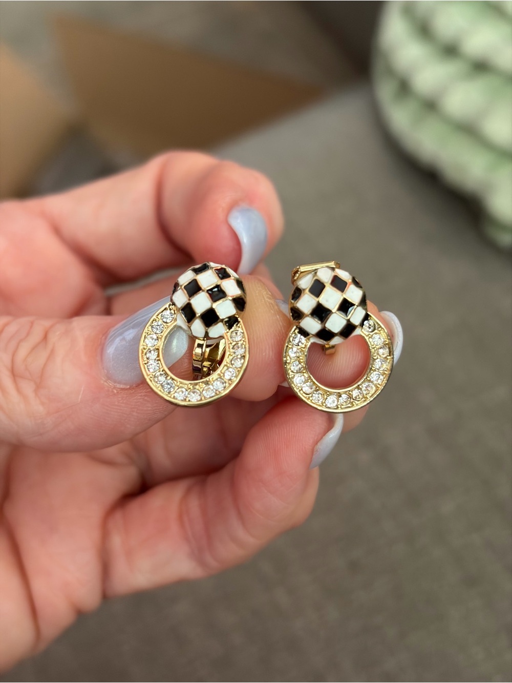 Black & White Checkered Rhinestone Gold-Tone Clip-On Earrings